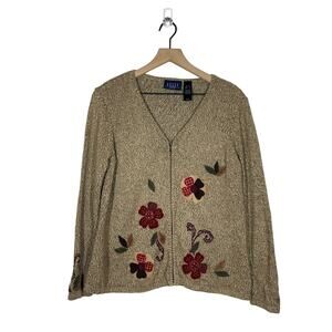 Crazy Horse Silk Blend Y2K Sweater Womens Size Petite Large Tan Embroidered Fall